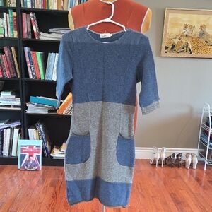Blue and Gray Knit Dress with Pockets